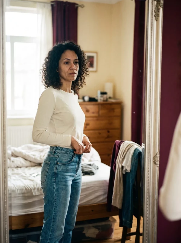Mulher em pé no quarto, pensativa