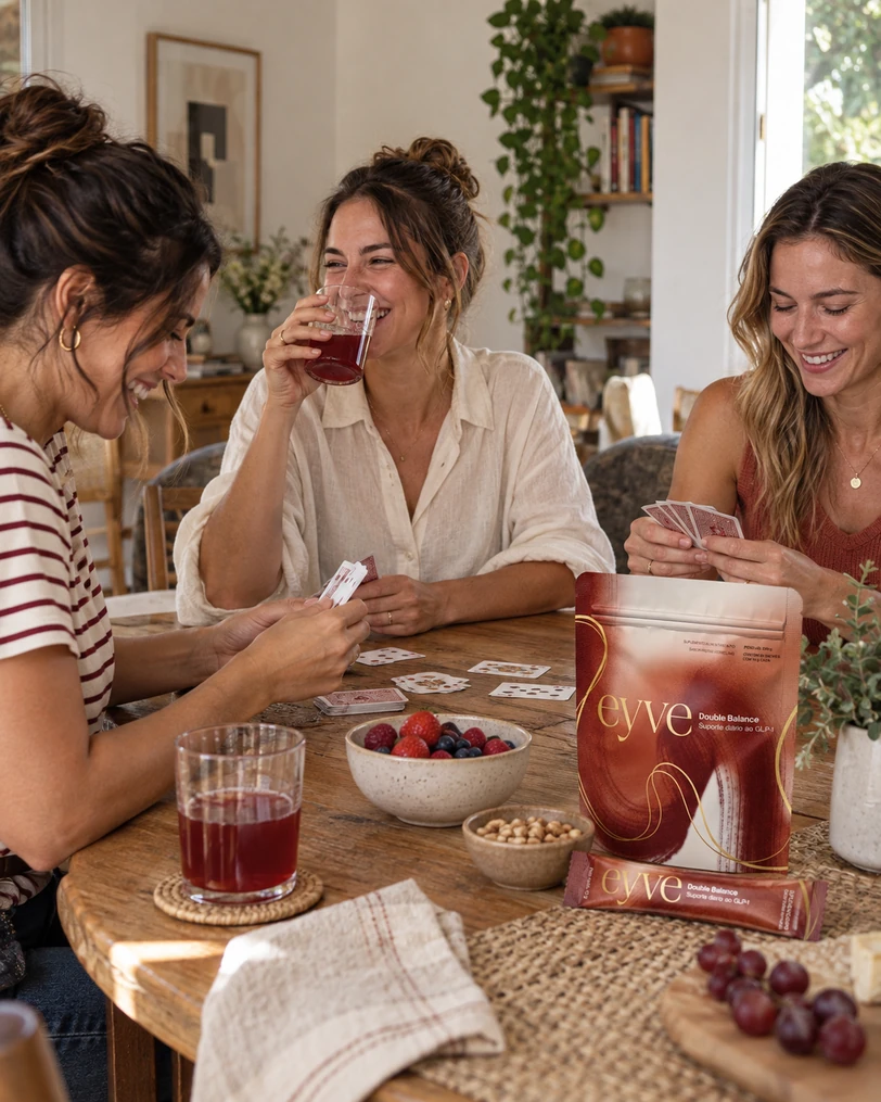 Amigas jogando cartas à mesa com o pouch EYVE